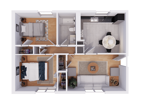 a 3d drawing of the 1 bedroom floor plan of a 2100 sq ft house